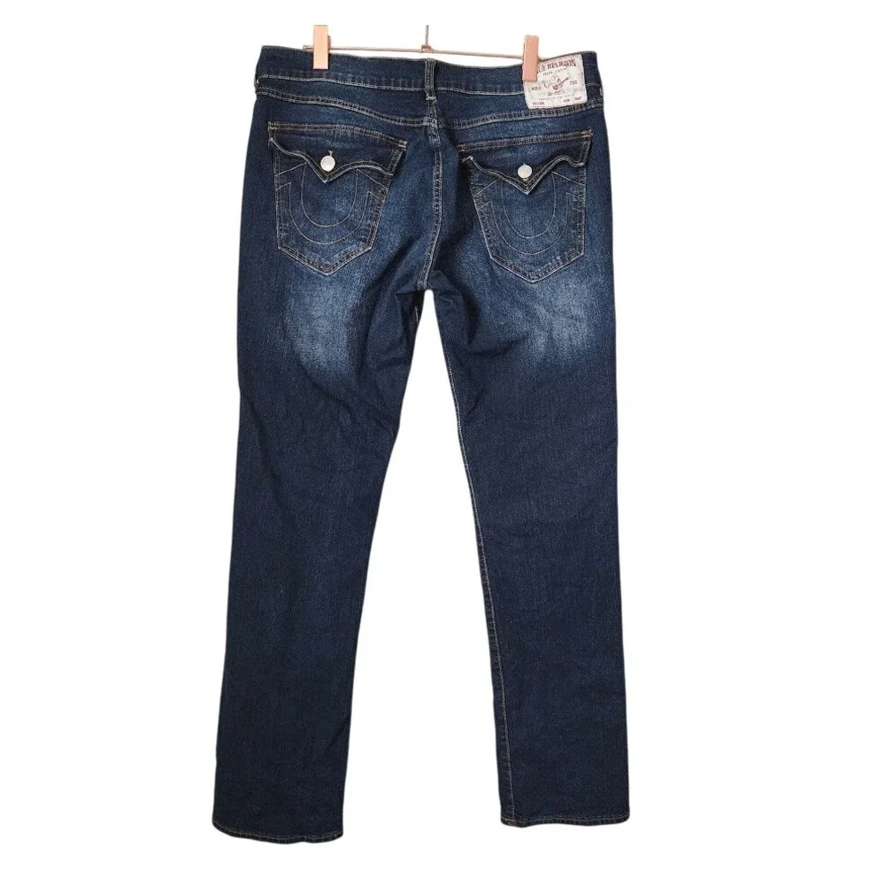TRUE RELIGION Ricky Relaxed Straight Jeans‎ Dark Wash Flap Pockets Size 36